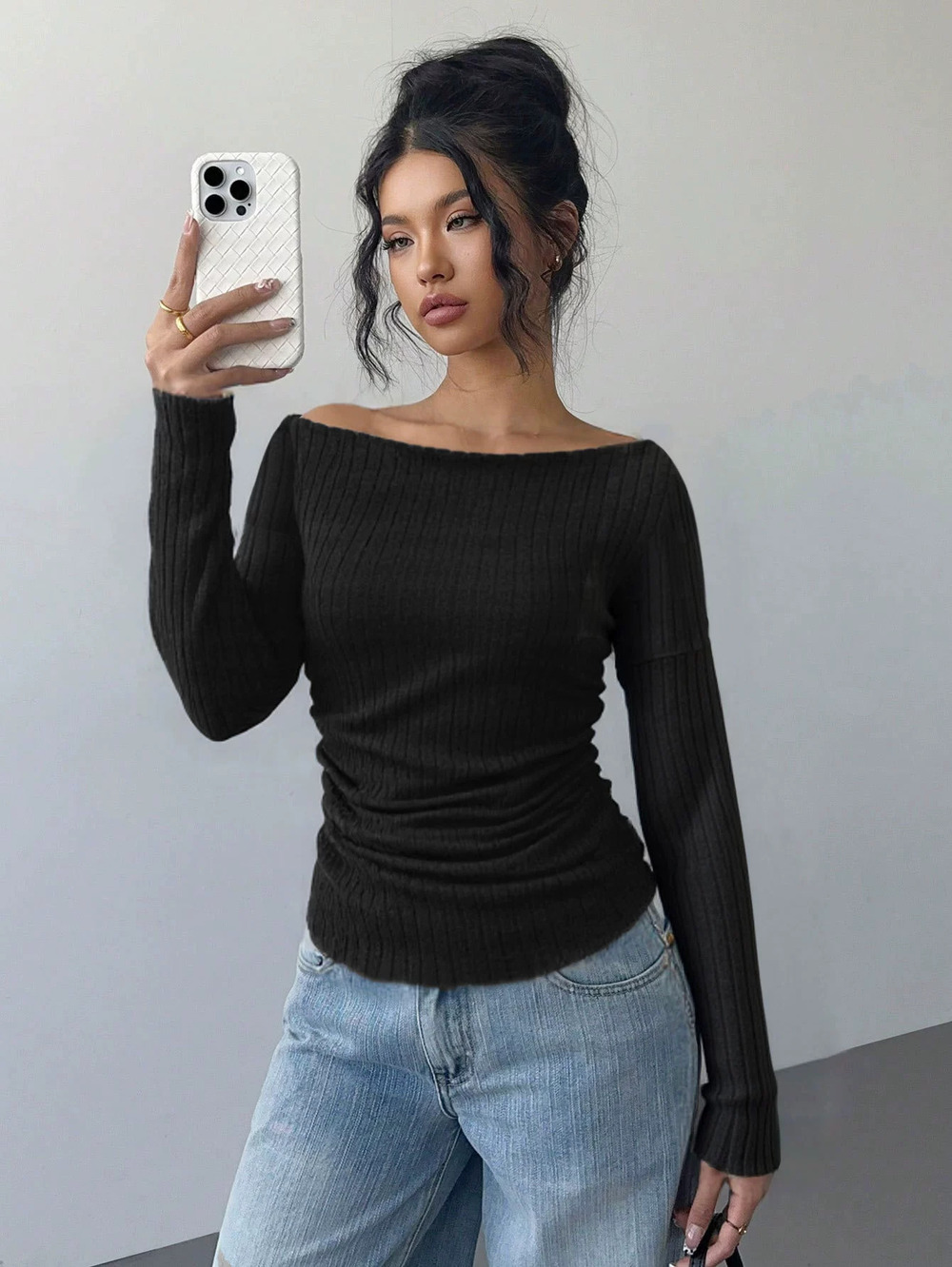 ZARA New High Neck Brushed Rib Knit Long Sleeve Sexy Slim Cropped Solid Top